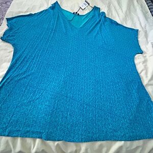 TOP, COLD SHOULDER, BLUE & TEAL, SIZE 3X, LONG LENGTH, VEE NECK, CAP SLEEVES,